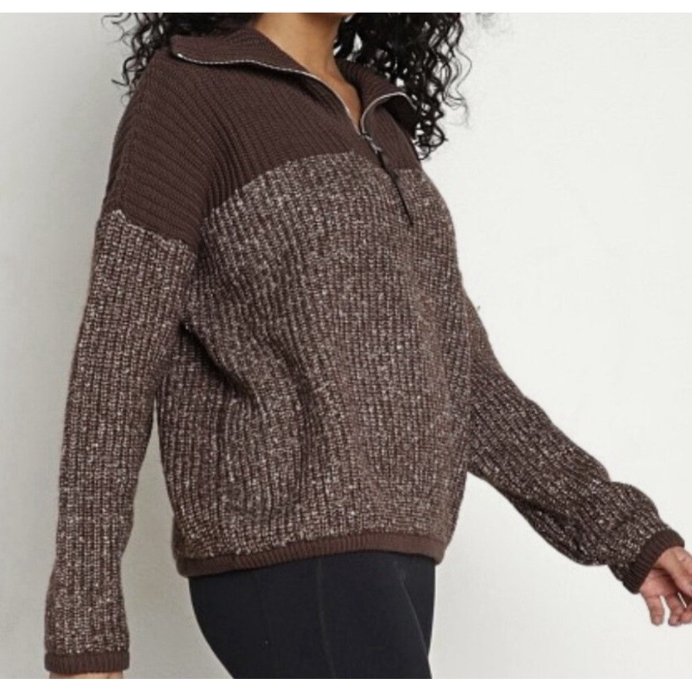 Varley Women's Small Willard Colorblock Knit Sweater Half Zip Brown Oversized